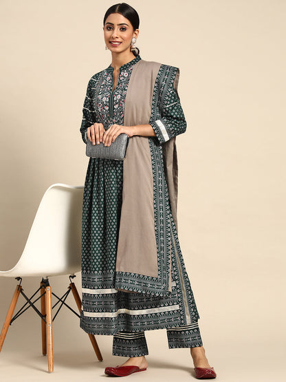 Embroidered Long A-Line Viscose Kurta Bottom With Dupatta
