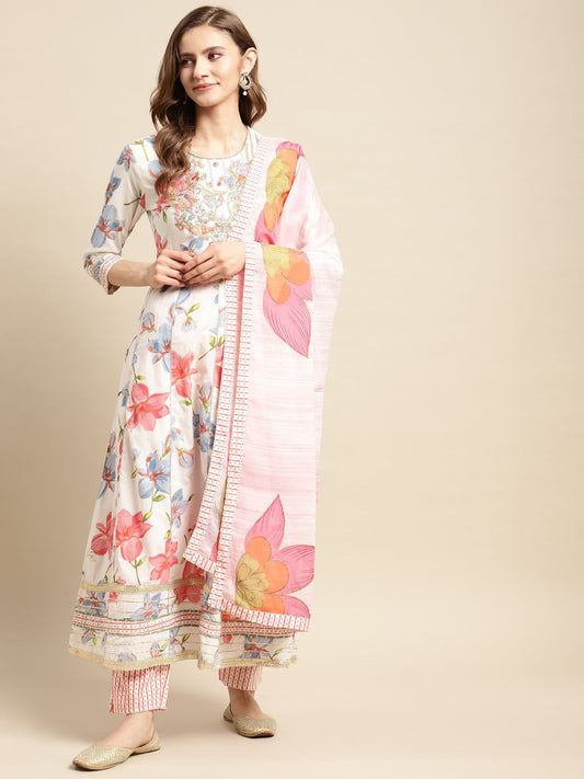 White Floral Yoke Design Mirror Work Kurta With Palazzos & Dupatta