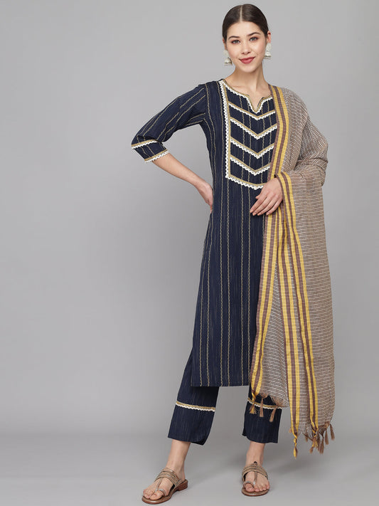Embroidered Long Straight Cotton Blend kurta Set