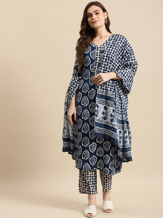 Printed Long Straight Cotton Blend kurta Set