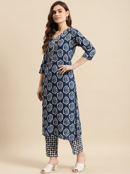 Printed Long Straight Cotton Blend kurta Set