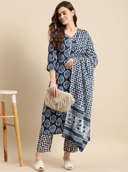 Printed Long Straight Cotton Blend kurta Set