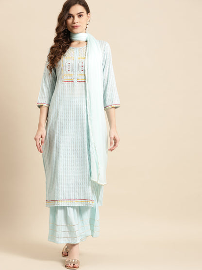 Embroidered Long Straight Cotton Blend Kurta Bottom With Dupatta
