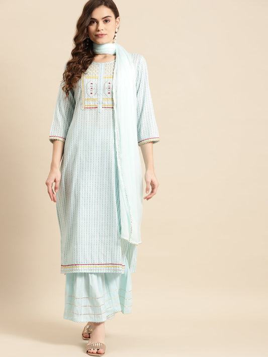Embroidered Long Straight Cotton Blend kurta Set