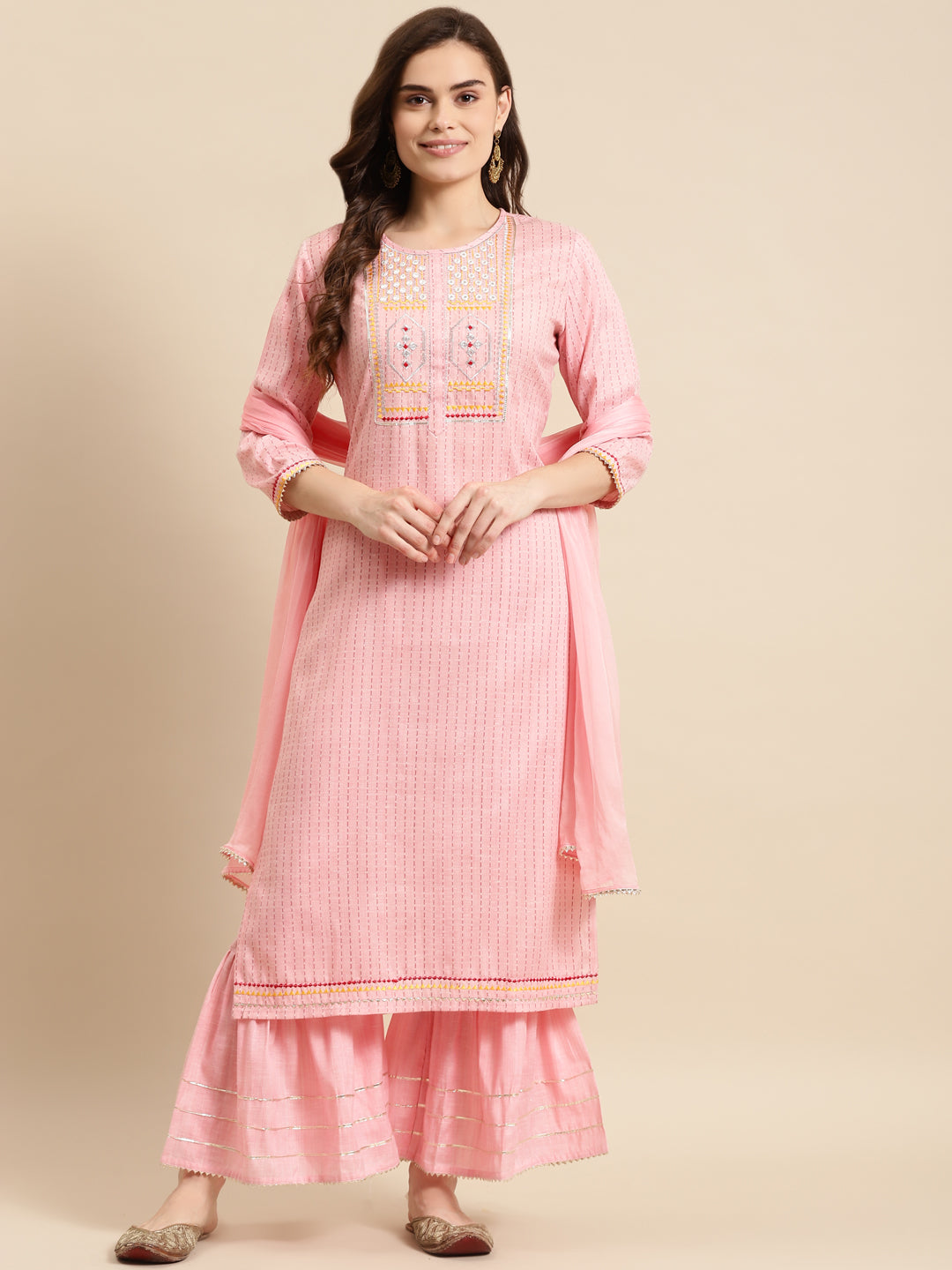 Embroidered Long Straight Cotton Blend Kurta Bottom With Dupatta