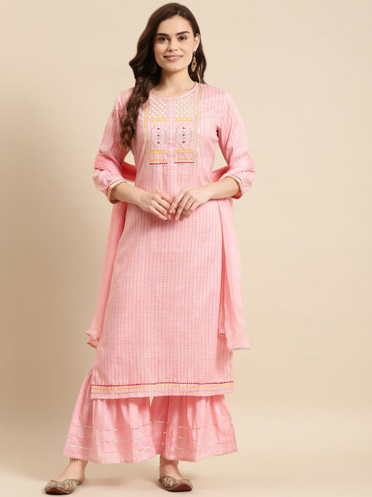 Embroidered Long Straight Cotton Blend kurta Set