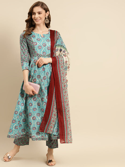 Printed Long A-line Cotton Blend kurta Set