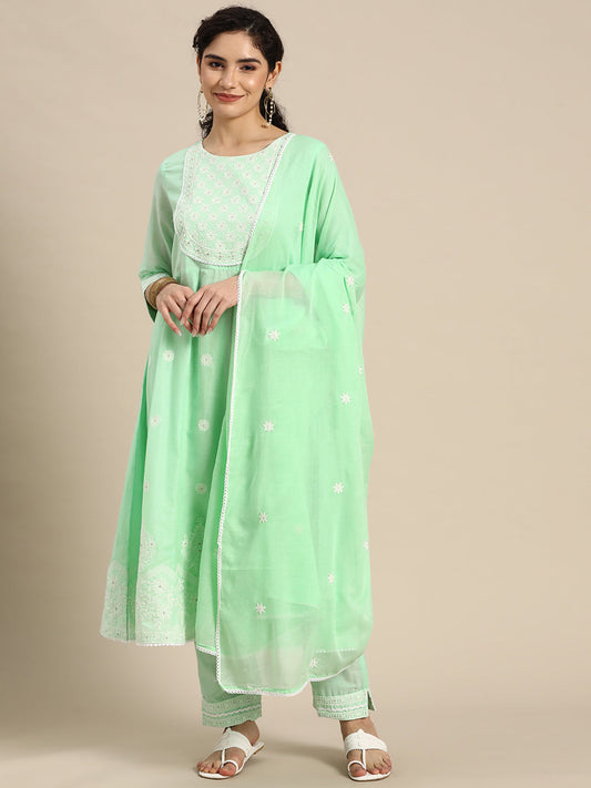 Embroidered Long A-line Cotton kurta Set