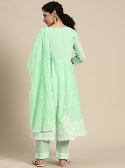 Embroidered Long A-line Cotton kurta Set
