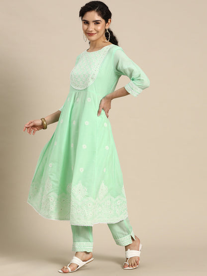 Embroidered Long A-line Cotton kurta Set