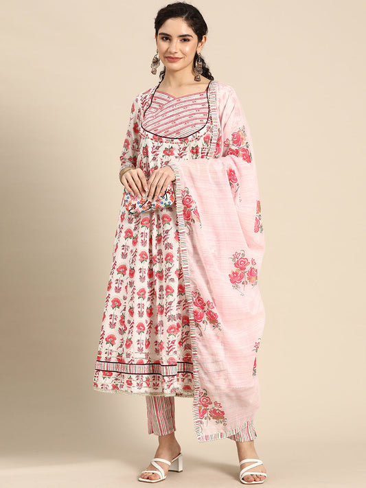 Embroidered Long A-line Cotton kurta Set