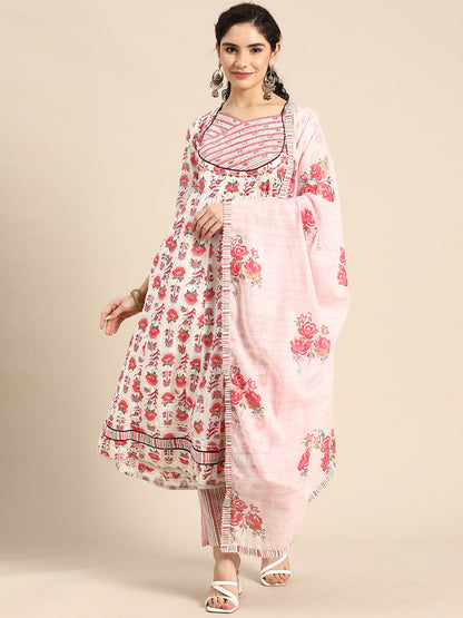 Embroidered Long A-line Cotton kurta Set