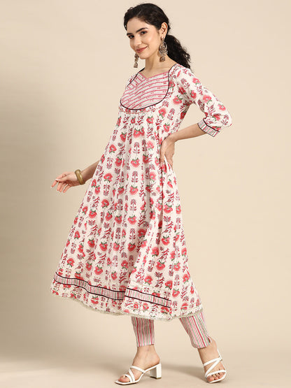 Embroidered Long A-line Cotton kurta Set