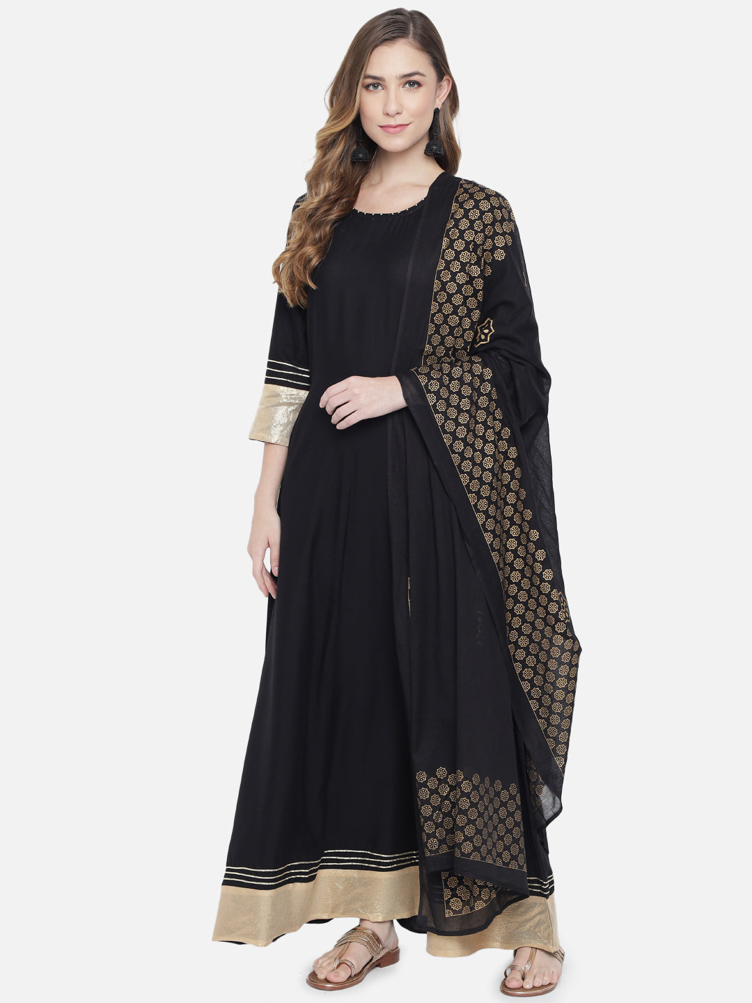 Anarkali Viscose Rayon Three-Quarter Sleeves Kurta With Dupatta