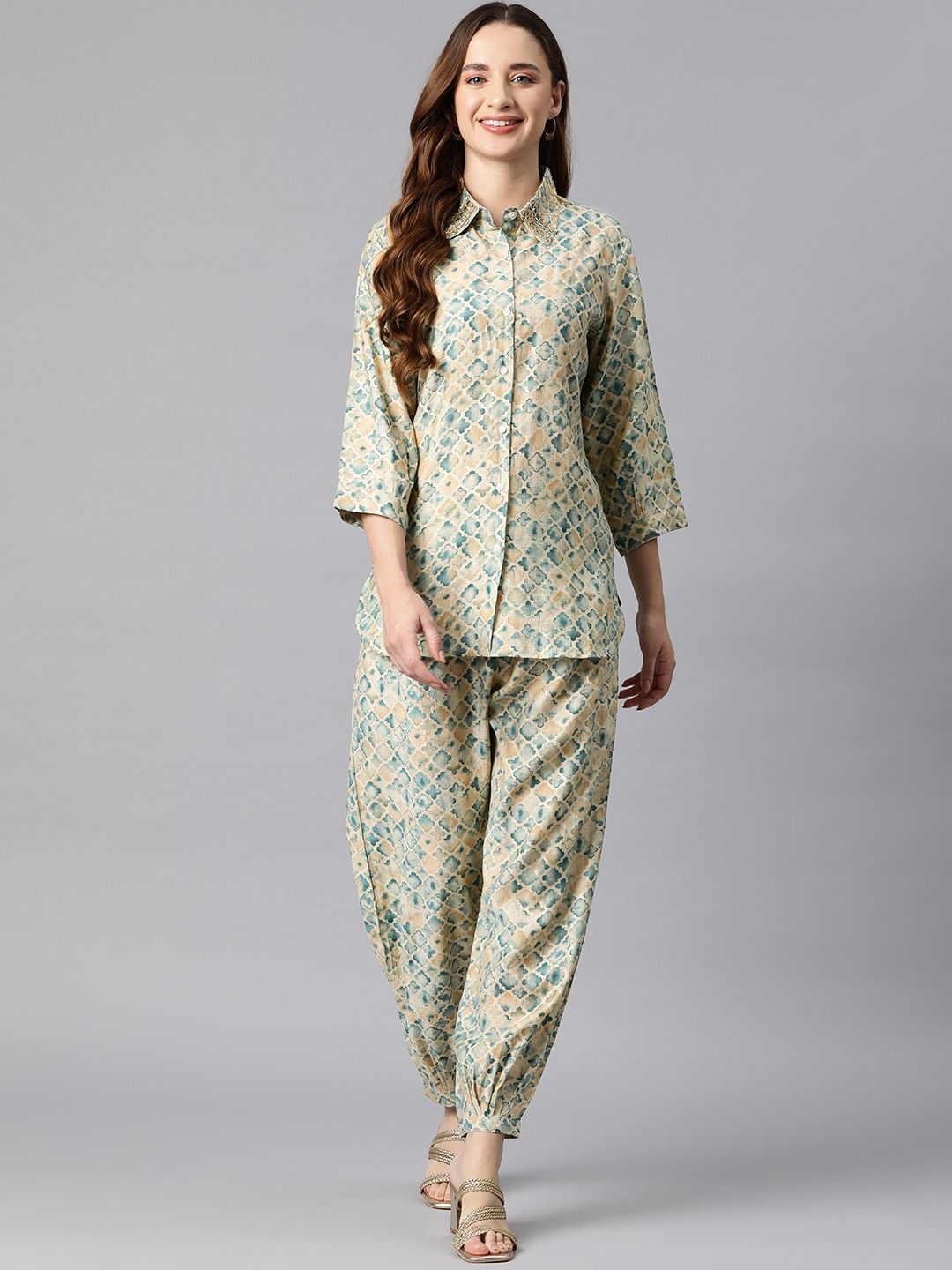 Shirt Style Cotton Fabric Blue Color Co-Ord Set