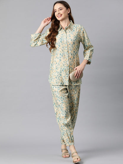 Shirt Style Cotton Fabric Blue Color Co-Ord Set