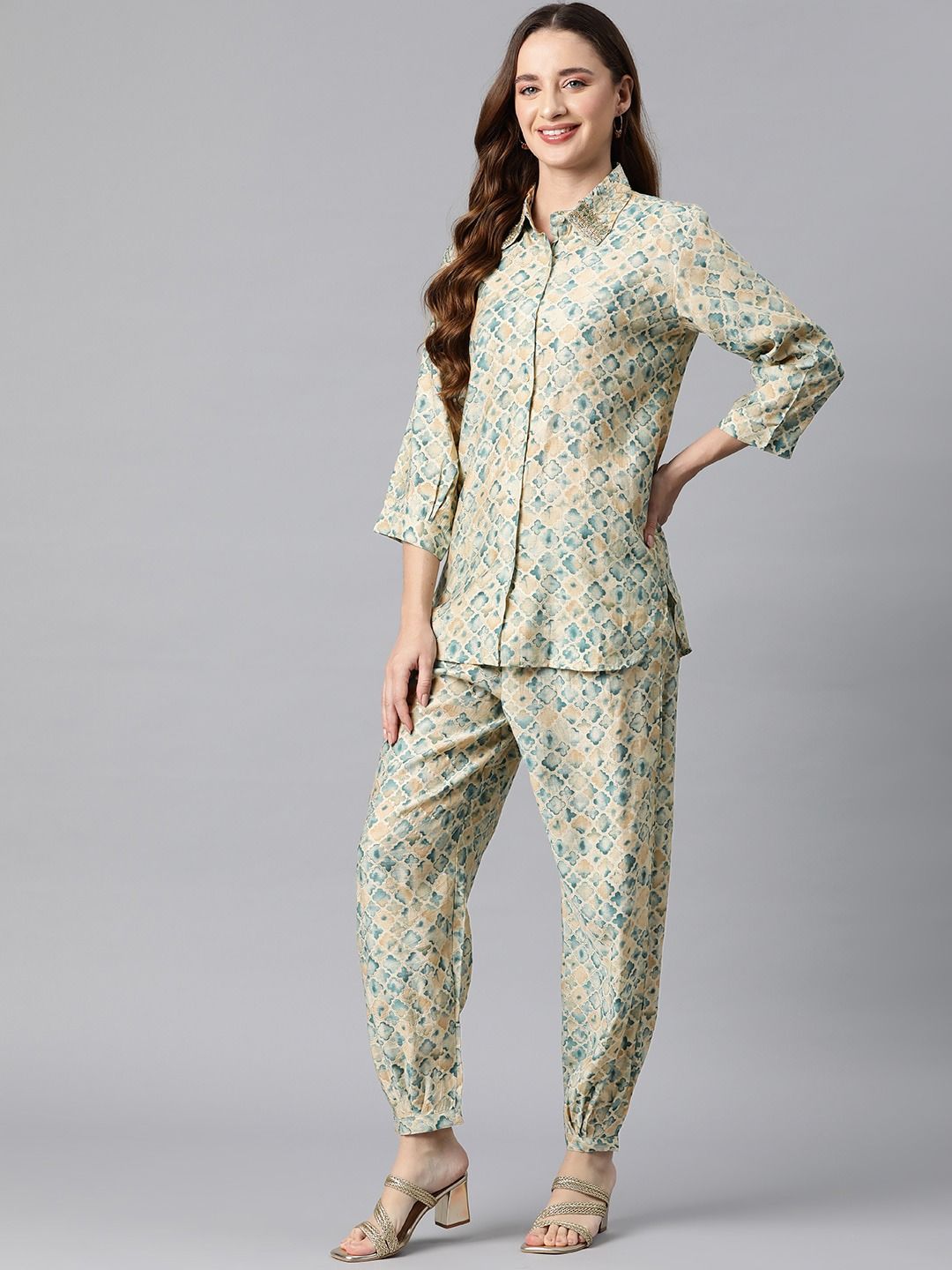 Shirt Style Cotton Fabric Blue Color Co-Ord Set
