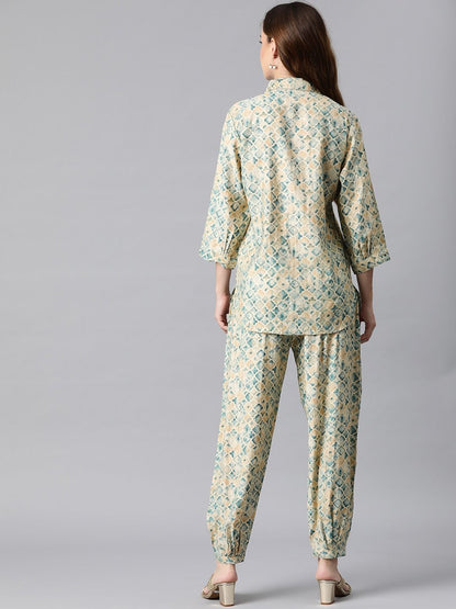 Shirt Style Cotton Fabric Blue Color Co-Ord Set