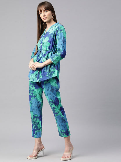 Shirt Style Cotton Fabric Blue Color Co-Ord Set