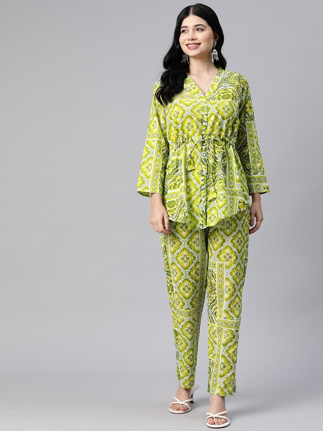 Shirt Style Cotton Fabric Green Color Co-Ord Set