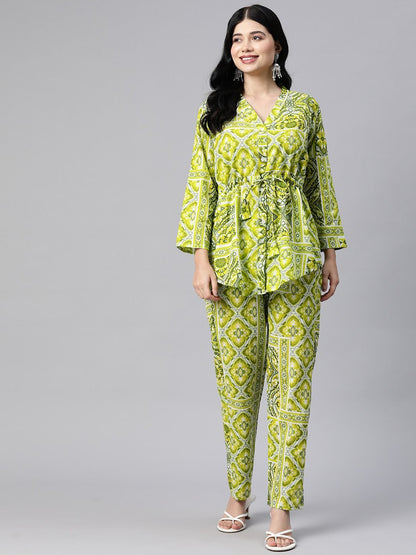 Shirt Style Cotton Fabric Green Color Co-Ord Set