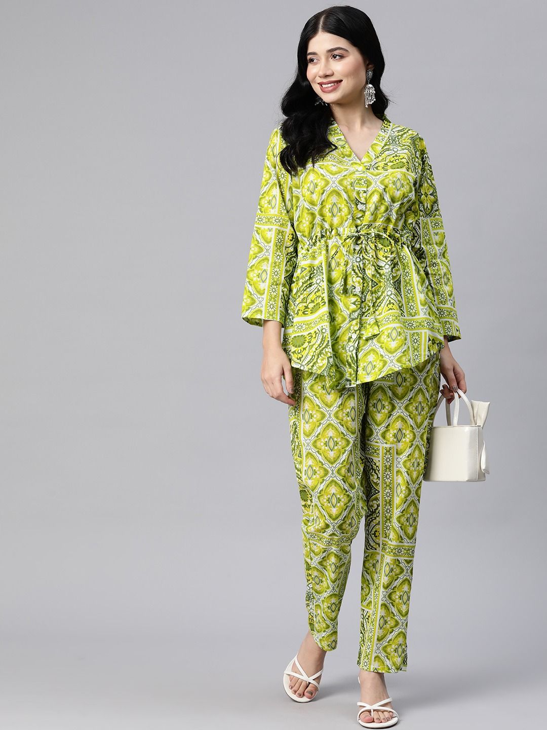 Shirt Style Cotton Fabric Green Color Co-Ord Set