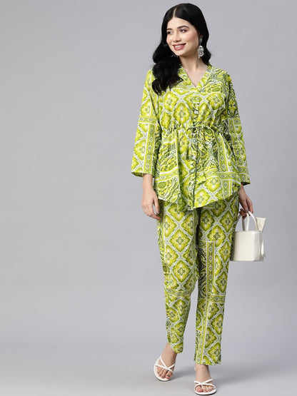 Shirt Style Cotton Fabric Green Color Co-Ord Set