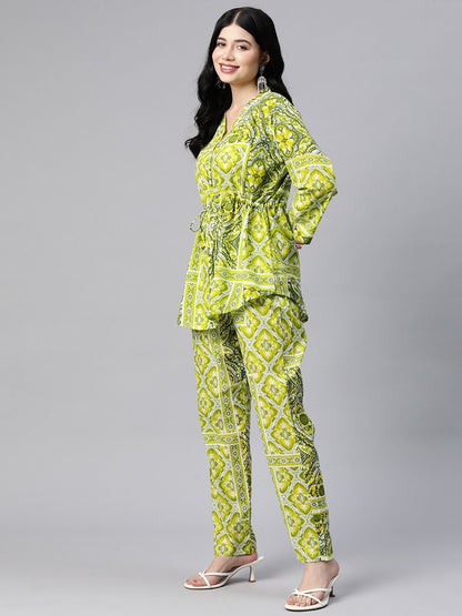 Shirt Style Cotton Fabric Green Color Co-Ord Set