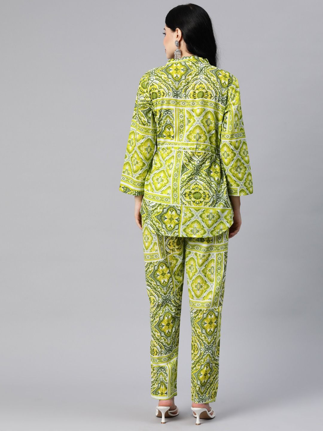 Shirt Style Cotton Fabric Green Color Co-Ord Set