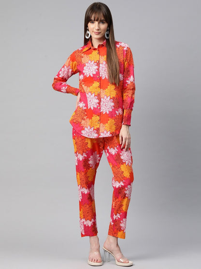 Shirt Style Cotton Fabric Orange Color Co-Ord Set