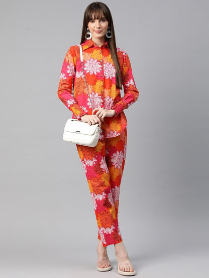 Shirt Style Cotton Fabric Orange Color Co-Ord Set