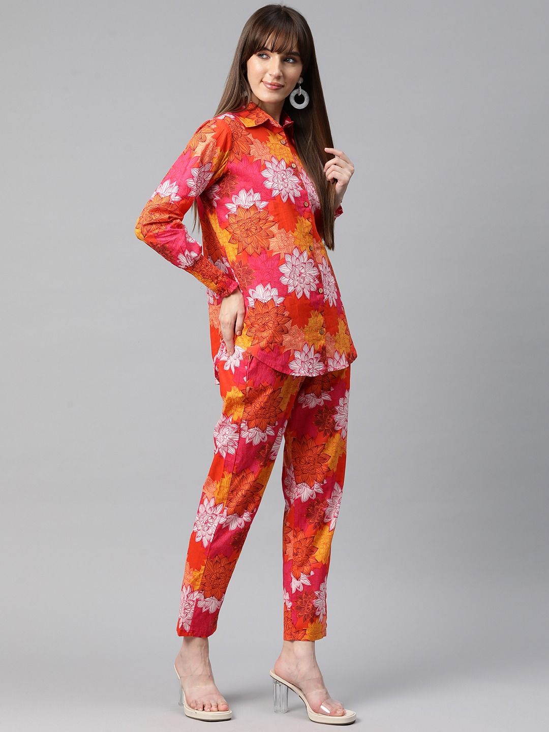 Shirt Style Cotton Fabric Orange Color Co-Ord Set