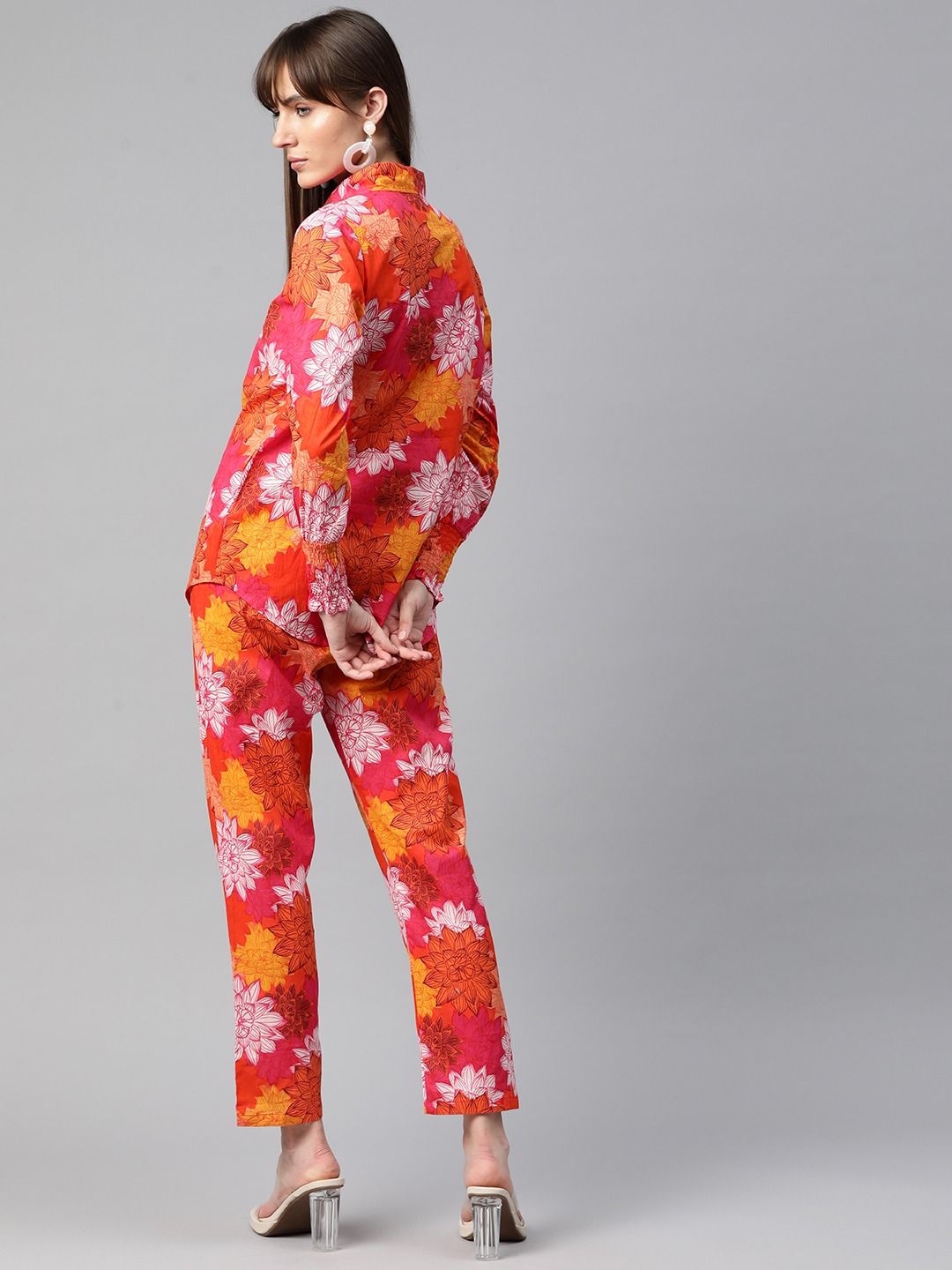 Shirt Style Cotton Fabric Orange Color Co-Ord Set