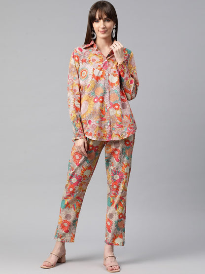 Shirt Style Cotton Fabric Multi Color Co-Ord Set