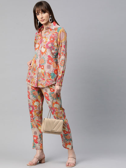 Shirt Style Cotton Fabric Multi Color Co-Ord Set