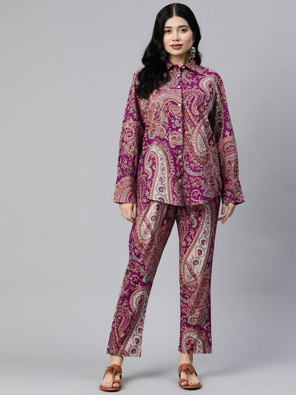 Shirt Style Cotton Fabric Purple Color Co-Ord Set