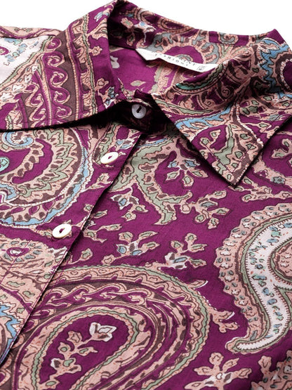 Shirt Style Cotton Fabric Purple Color Co-Ord Set
