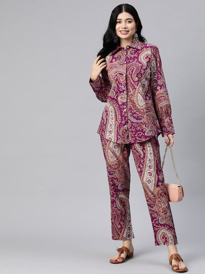 Shirt Style Cotton Fabric Purple Color Co-Ord Set