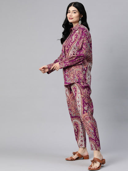 Shirt Style Cotton Fabric Purple Color Co-Ord Set
