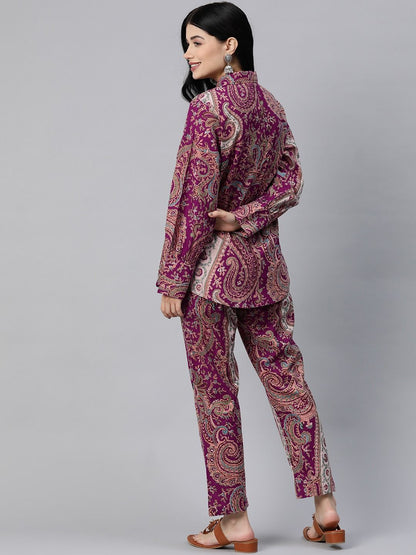 Shirt Style Cotton Fabric Purple Color Co-Ord Set