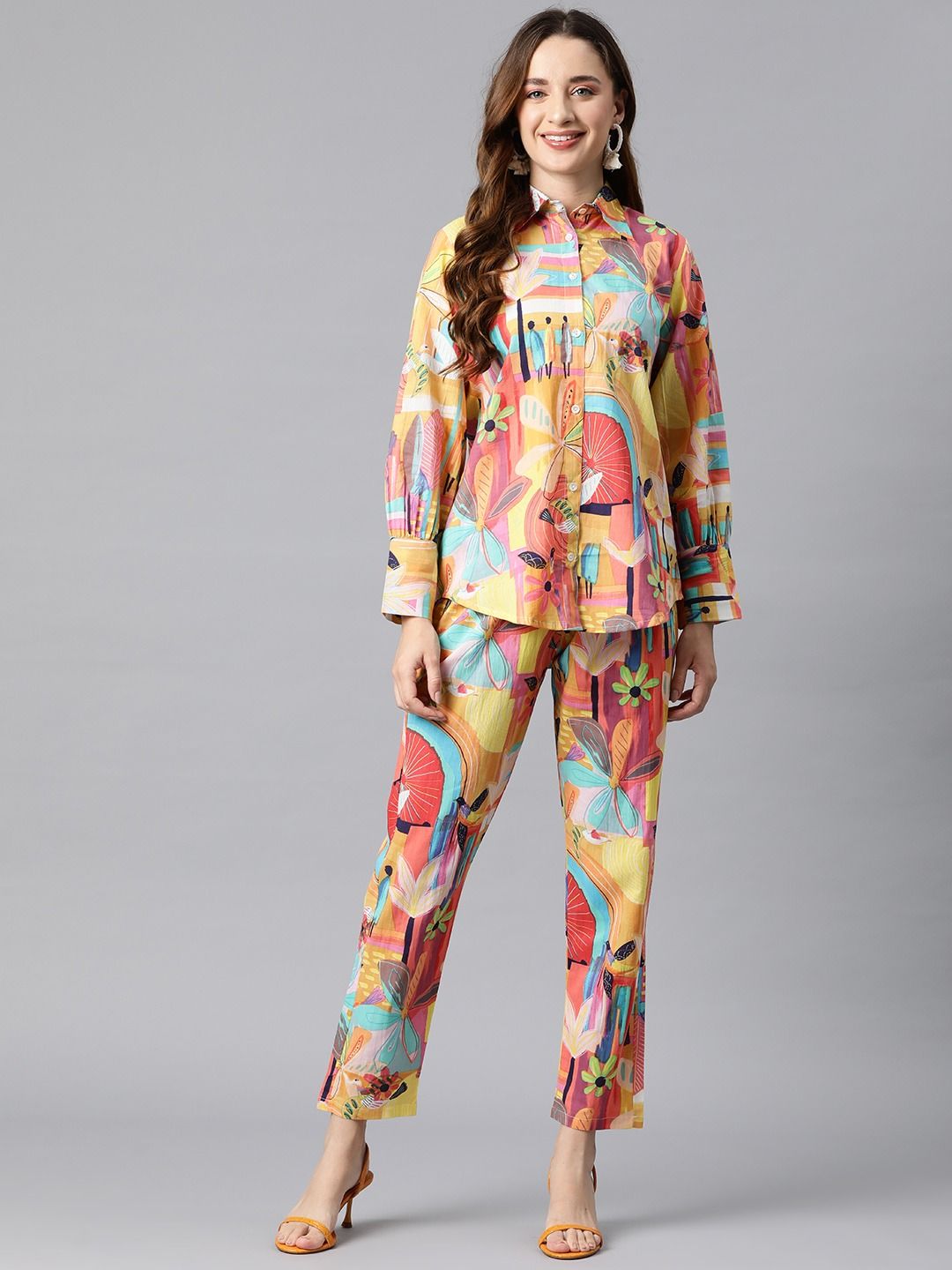Shirt Style Cotton Fabric Yellow Color Co-Ord Set