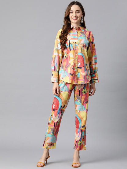 Shirt Style Cotton Fabric Yellow Color Co-Ord Set