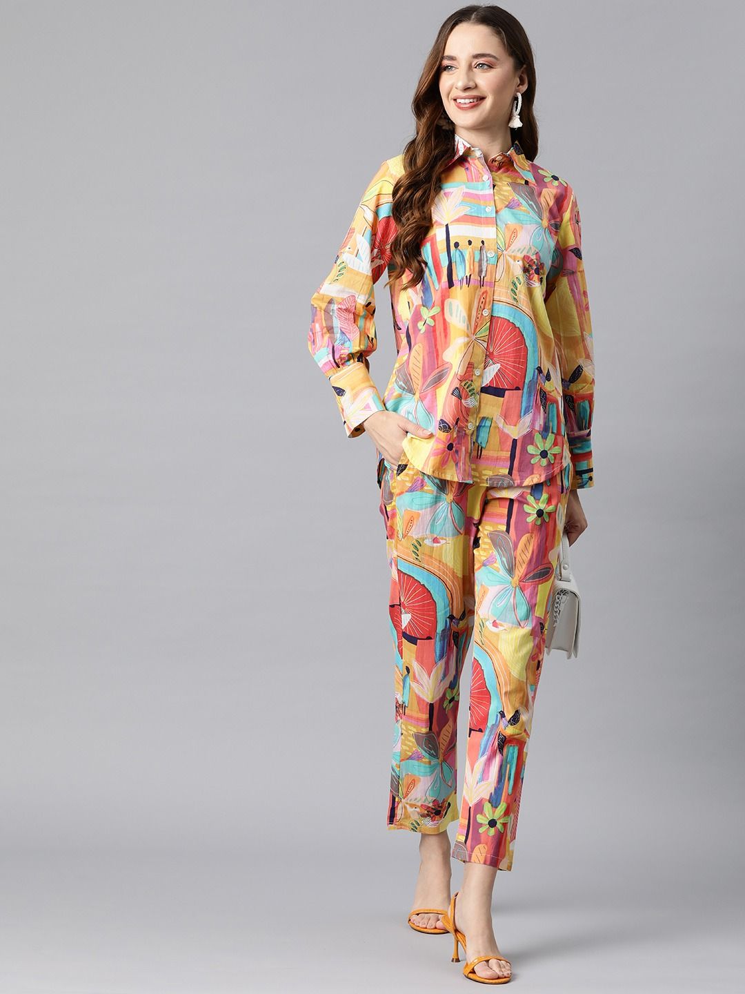 Shirt Style Cotton Fabric Yellow Color Co-Ord Set