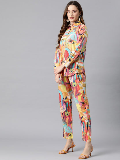 Shirt Style Cotton Fabric Yellow Color Co-Ord Set