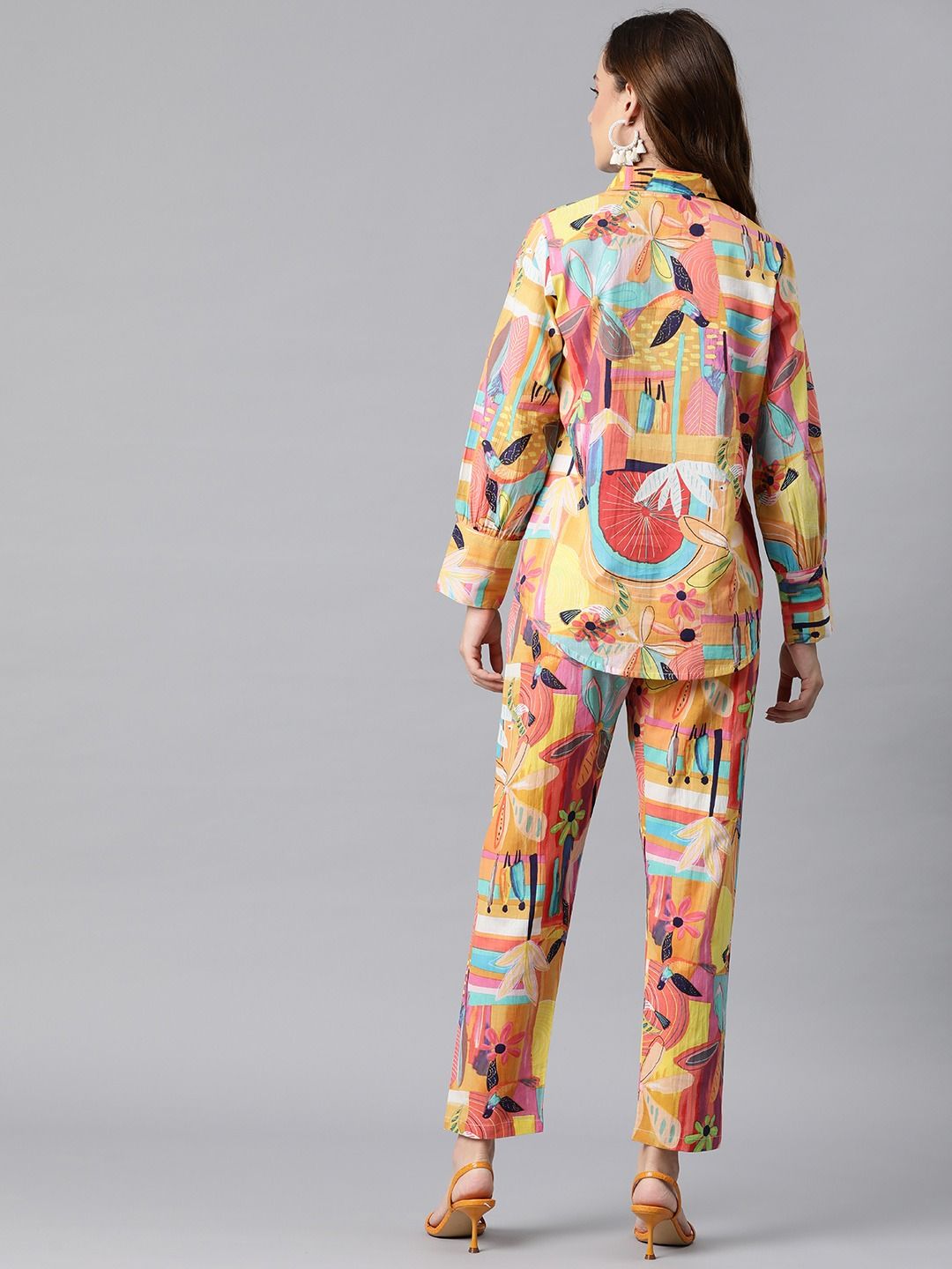 Shirt Style Cotton Fabric Yellow Color Co-Ord Set