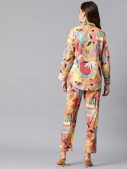 Shirt Style Cotton Fabric Yellow Color Co-Ord Set