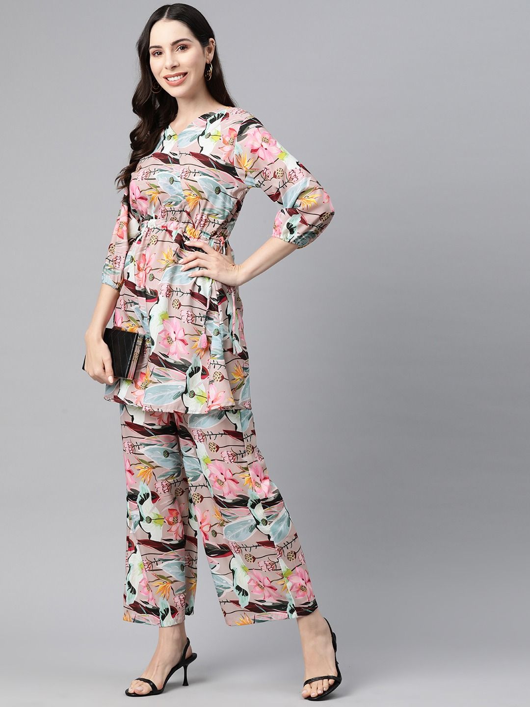 Frock Style Polyester Fabric Brown Color Co-Ord Set