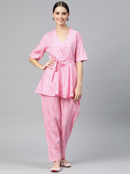 Frock Style Cotton Fabric Pink Color Co-Ord Set
