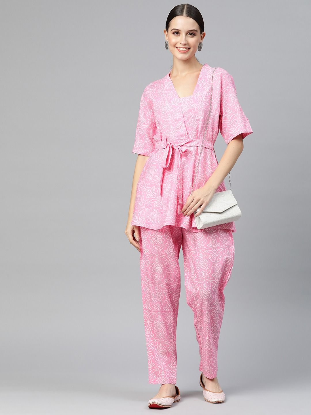 Frock Style Cotton Fabric Pink Color Co-Ord Set