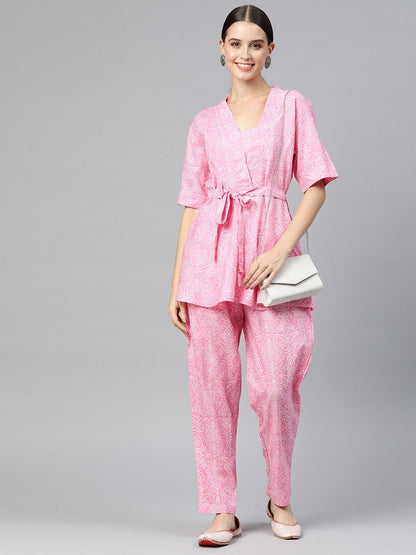 Frock Style Cotton Fabric Pink Color Co-Ord Set